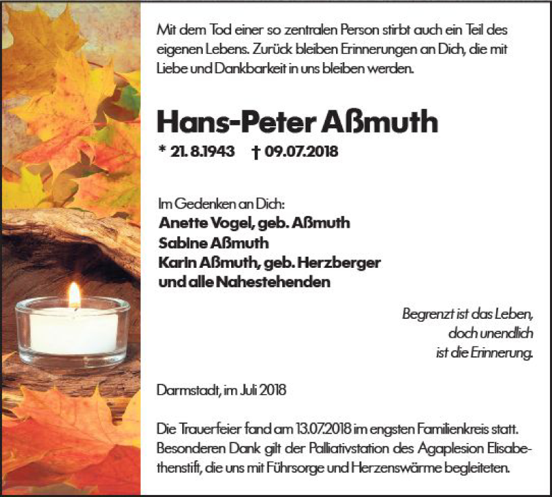 Traueranzeige für Hans-Peter Aßmuth vom 14.07.2018 aus vrm-trauer