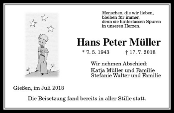 Traueranzeige von Hans Peter Müller von  Gießener Anzeiger