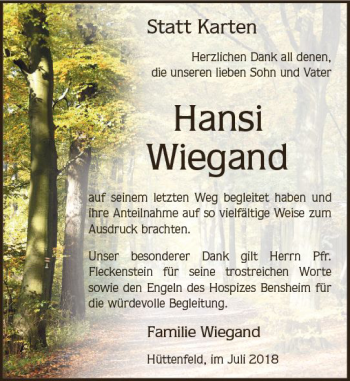 Traueranzeige von Hansi Wiegand von vrm-trauer