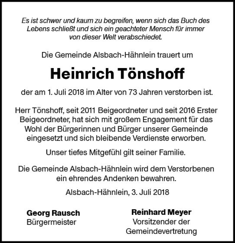  Traueranzeige für Heinrich Tönshoff vom 04.07.2018 aus Trauerportal Rhein Main Presse