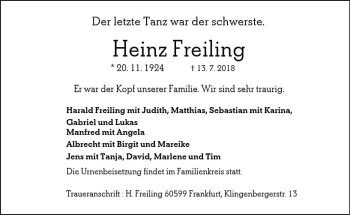 Traueranzeige von Heinz Freiling von vrm-trauer