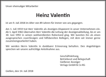 Traueranzeige von Heinz Valentin von  Gießener Anzeiger