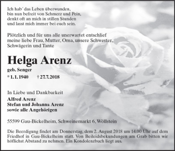 Traueranzeige von Helga Arenz von vrm-trauer