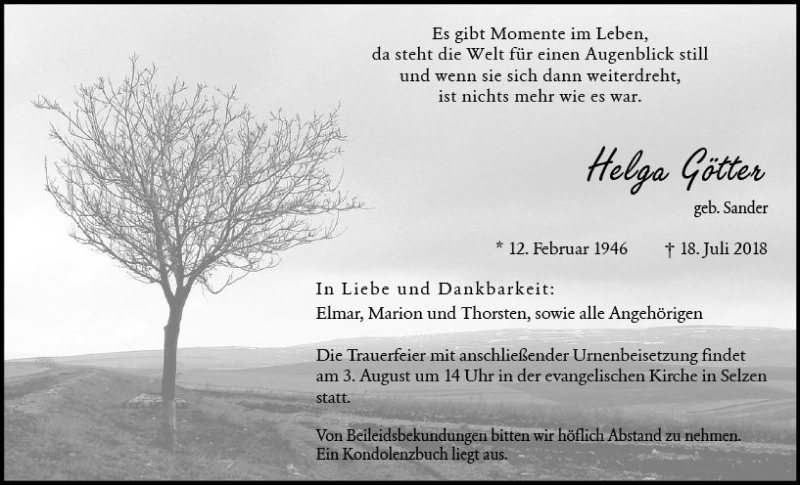  Traueranzeige für Helga Götter vom 28.07.2018 aus vrm-trauer
