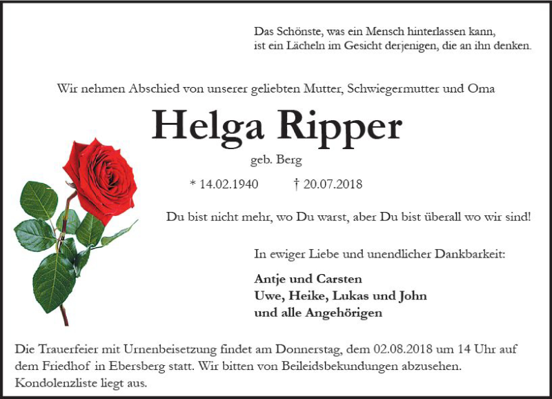  Traueranzeige für Helga Ripper vom 28.07.2018 aus vrm-trauer