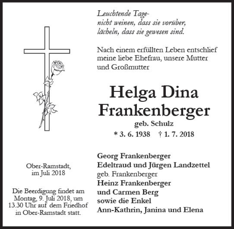  Traueranzeige für Helga Dina Frankenberger vom 07.07.2018 aus vrm-trauer