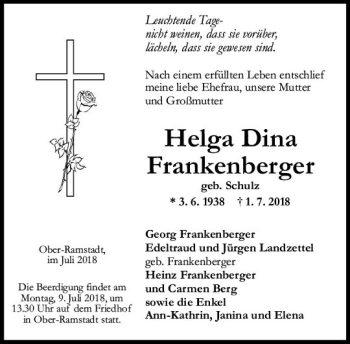 Traueranzeige von Helga Dina Frankenberger von vrm-trauer