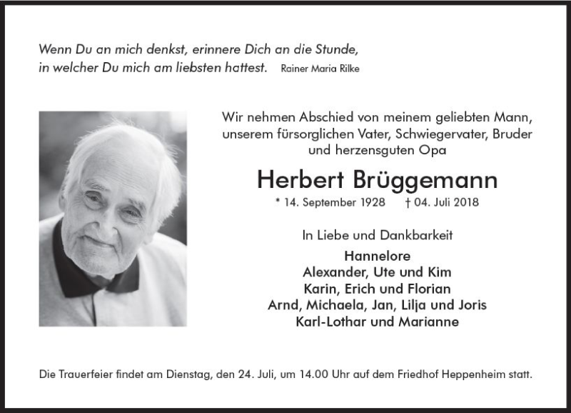  Traueranzeige für Herbert Brüggemann vom 21.07.2018 aus vrm-trauer