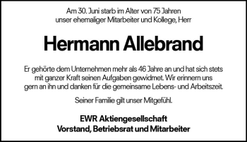 Traueranzeige von Hermann Allebrand von vrm-trauer