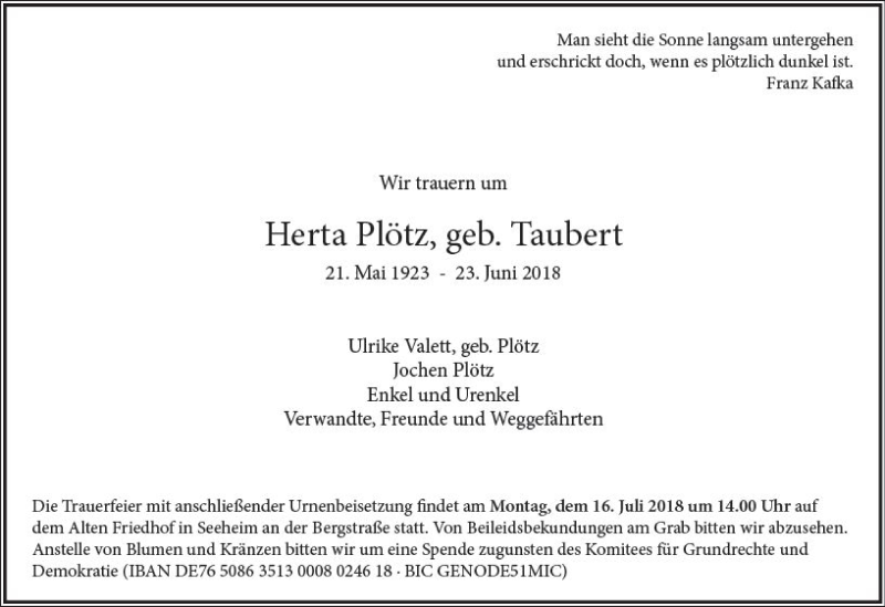  Traueranzeige für Herta Plötz vom 14.07.2018 aus vrm-trauer