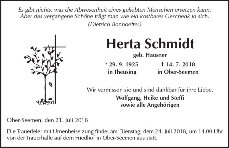  Traueranzeige für Herta Schmidt vom 21.07.2018 aus  Kreisanzeiger