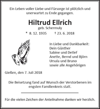 Traueranzeige von Hiltrud Ellrich von  Gießener Anzeiger