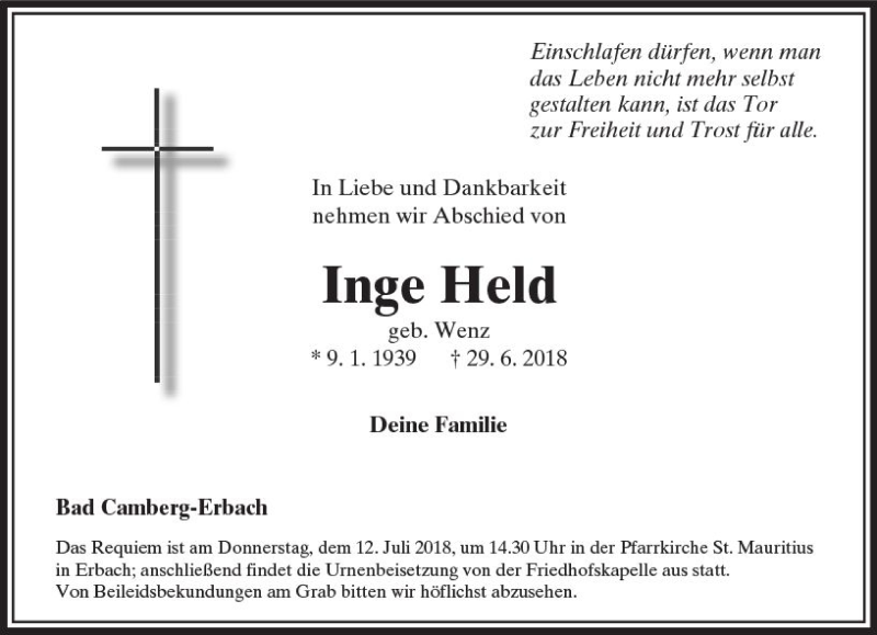  Traueranzeige für Inge Held vom 05.07.2018 aus  Camberger Anzeiger