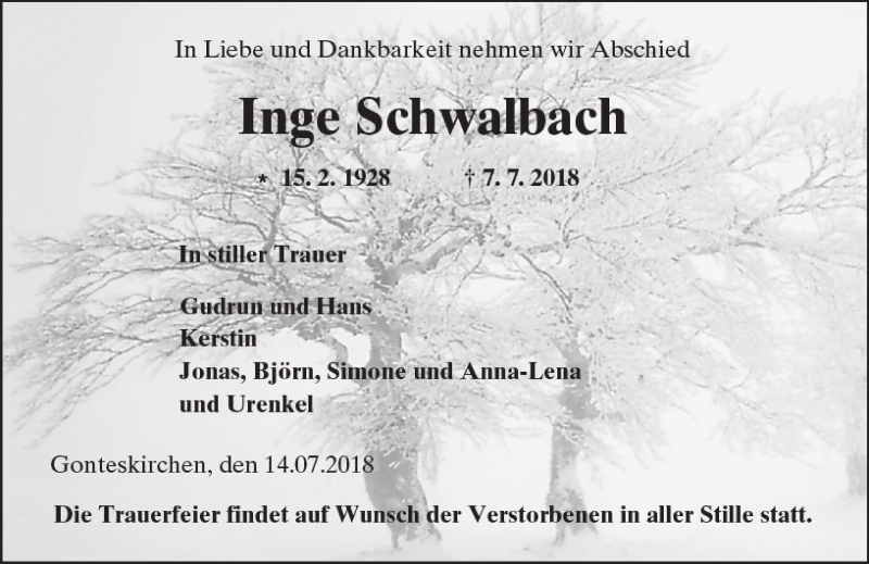  Traueranzeige für Inge Schwalbach vom 14.07.2018 aus  Gießener Anzeiger