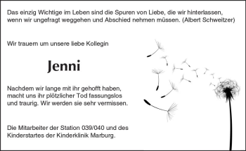 Traueranzeige von Jenni  von VRM Trauer