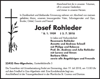 Traueranzeige von Josef Rohleder von vrm-trauer