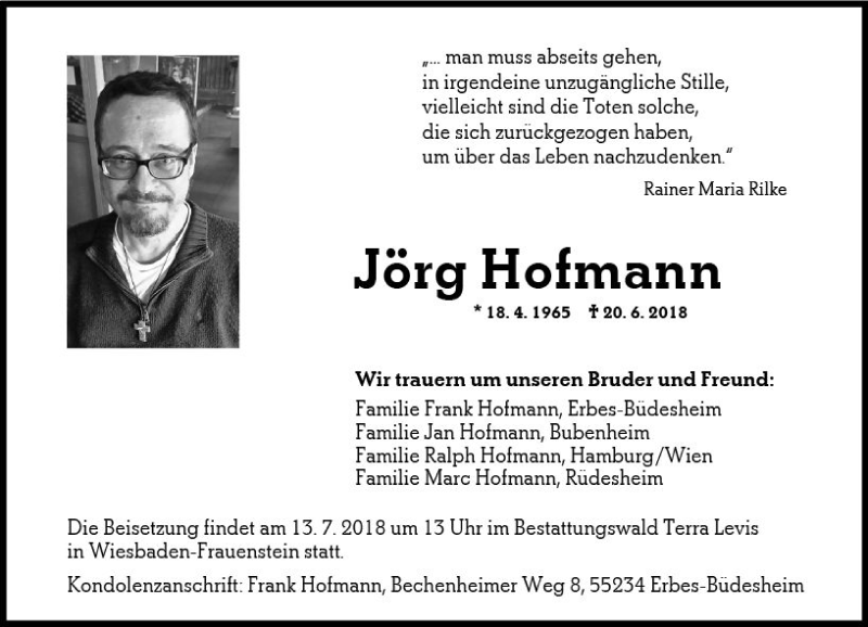  Traueranzeige für Jörg Hofmann vom 07.07.2018 aus vrm-trauer