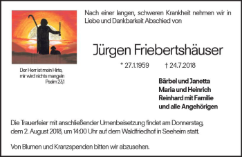 Traueranzeige von Jürgen Friebertshäuser von vrm-trauer
