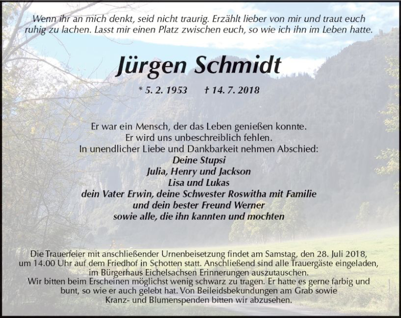  Traueranzeige für Jürgen Schmidt vom 21.07.2018 aus  Kreisanzeiger