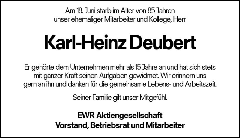  Traueranzeige für Karl-Heinz Deubert vom 05.07.2018 aus vrm-trauer
