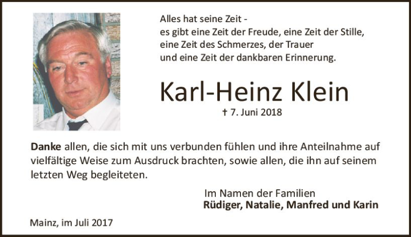  Traueranzeige für Karl-Heinz Klein vom 07.07.2018 aus vrm-trauer
