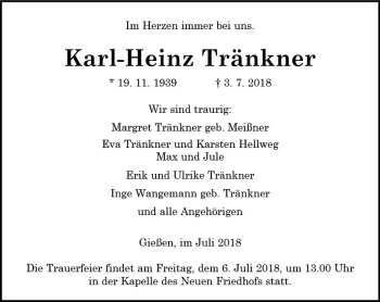 Traueranzeige von Karl-Heinz Tränkner von  Gießener Anzeiger
