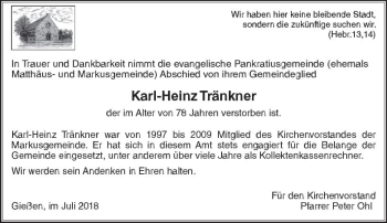 Traueranzeige von Karl-Heinz Tränkner von  Gießener Anzeiger