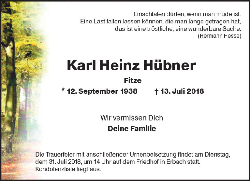  Traueranzeige für Karl Heinz Hübner vom 28.07.2018 aus vrm-trauer