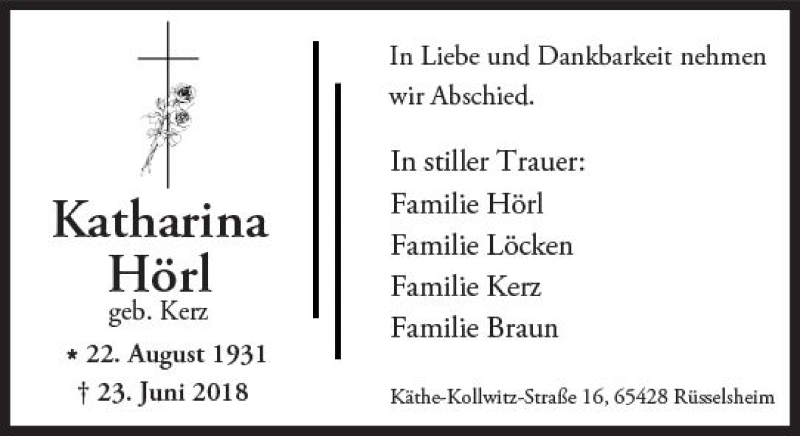  Traueranzeige für Katharina Hörl vom 07.07.2018 aus vrm-trauer