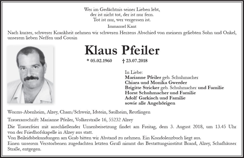  Traueranzeige für Klaus Pfeiler vom 28.07.2018 aus vrm-trauer