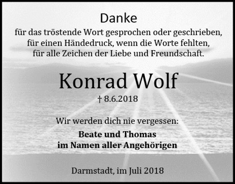  Traueranzeige für Konrad Wolf vom 07.07.2018 aus vrm-trauer