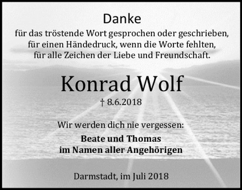  Traueranzeige für Konrad Wolf vom 09.07.2018 aus vrm-trauer