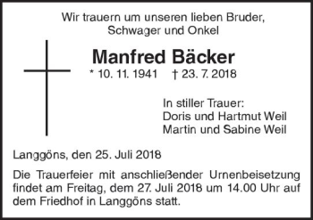 Traueranzeige von Manfred Bäcker von  Gießener Anzeiger
