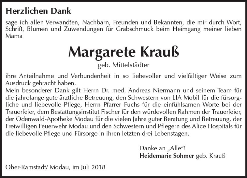  Traueranzeige für Margarete Krauß vom 18.07.2018 aus vrm-trauer