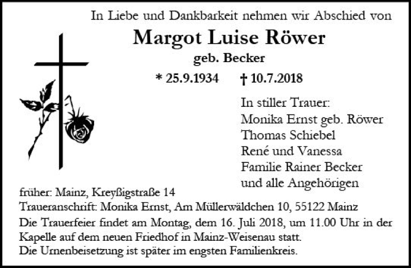  Traueranzeige für Margot Luise Röwer vom 14.07.2018 aus vrm-trauer