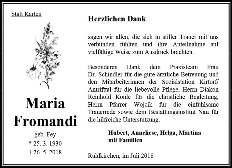  Traueranzeige für Maria Fromandi vom 07.07.2018 aus  Oberhessische Zeitung