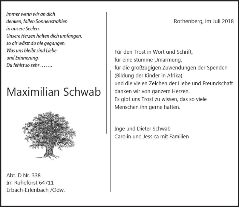  Traueranzeige für Maximilian Schwab vom 21.07.2018 aus vrm-trauer
