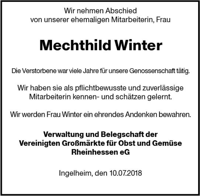  Traueranzeige für Mechthild Winter vom 11.07.2018 aus vrm-trauer