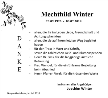 Traueranzeige von Mechthild Winter von vrm-trauer