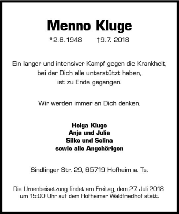 Traueranzeige von Menno Kluge von vrm-trauer