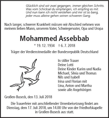 Traueranzeige von Mohammed Assebbab von  Gießener Anzeiger