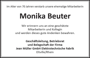 Traueranzeige von Monika Beuter von vrm-trauer