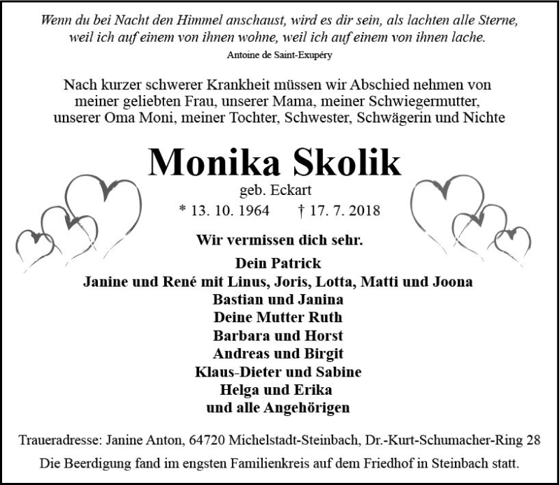 Traueranzeige für Monika Skolik vom 28.07.2018 aus vrm-trauer