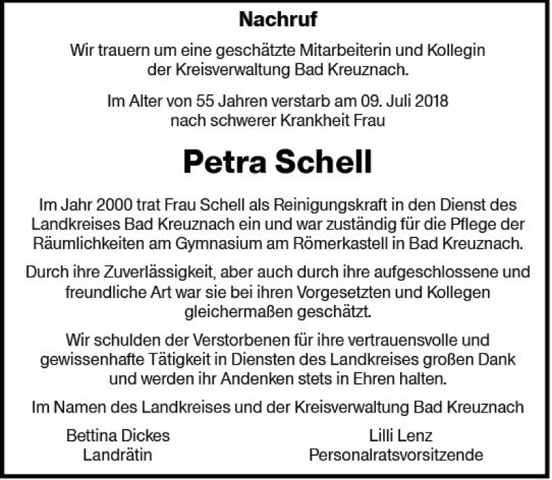  Traueranzeige für Petra Schell vom 14.07.2018 aus vrm-trauer