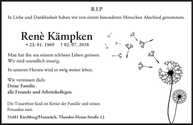  Traueranzeige für Renè Kämpken vom 28.07.2018 aus vrm-trauer