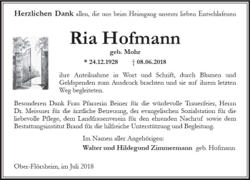 Traueranzeige von Ria Hofmann von vrm-trauer
