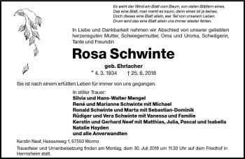 Traueranzeige von Rosa Schwinte von vrm-trauer