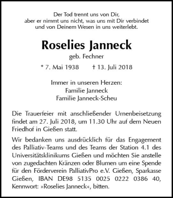 Traueranzeige von Roselies Janneck von  Gießener Anzeiger
