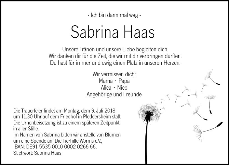  Traueranzeige für Sabrina Haas vom 04.07.2018 aus Trauerportal Rhein Main Presse