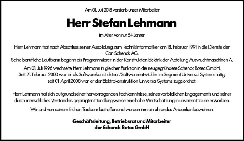  Traueranzeige für Stefan Lehmann vom 12.07.2018 aus vrm-trauer